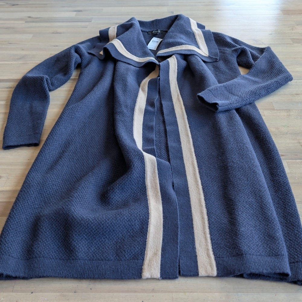 ANN TAYLOR Striped Trim Cascade Cardigan Sweater Navy w/ Beige Trim Size XS NEW - Picture 5 of 11